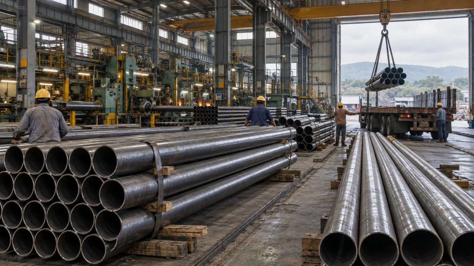 Finished steel pipes line a factory loading bay in Nashik, India. (AI-generated image / EconoTimes)