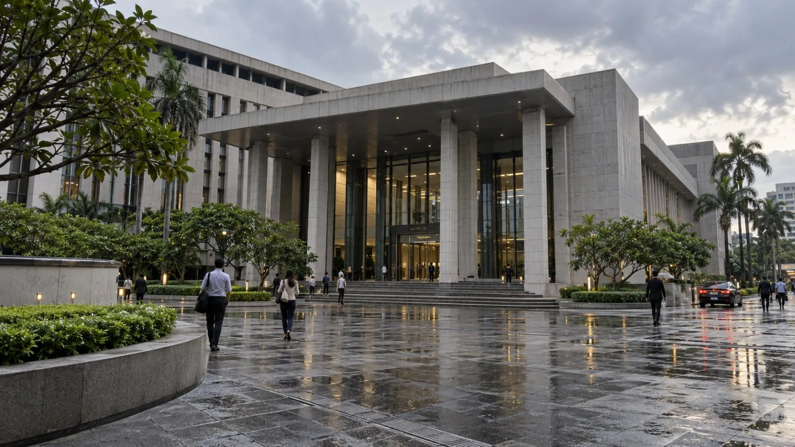 Pedestrians cross the forecourt of the Bank of Thailand headquarters in Bangkok. (AI-generated image / EconoTimes)