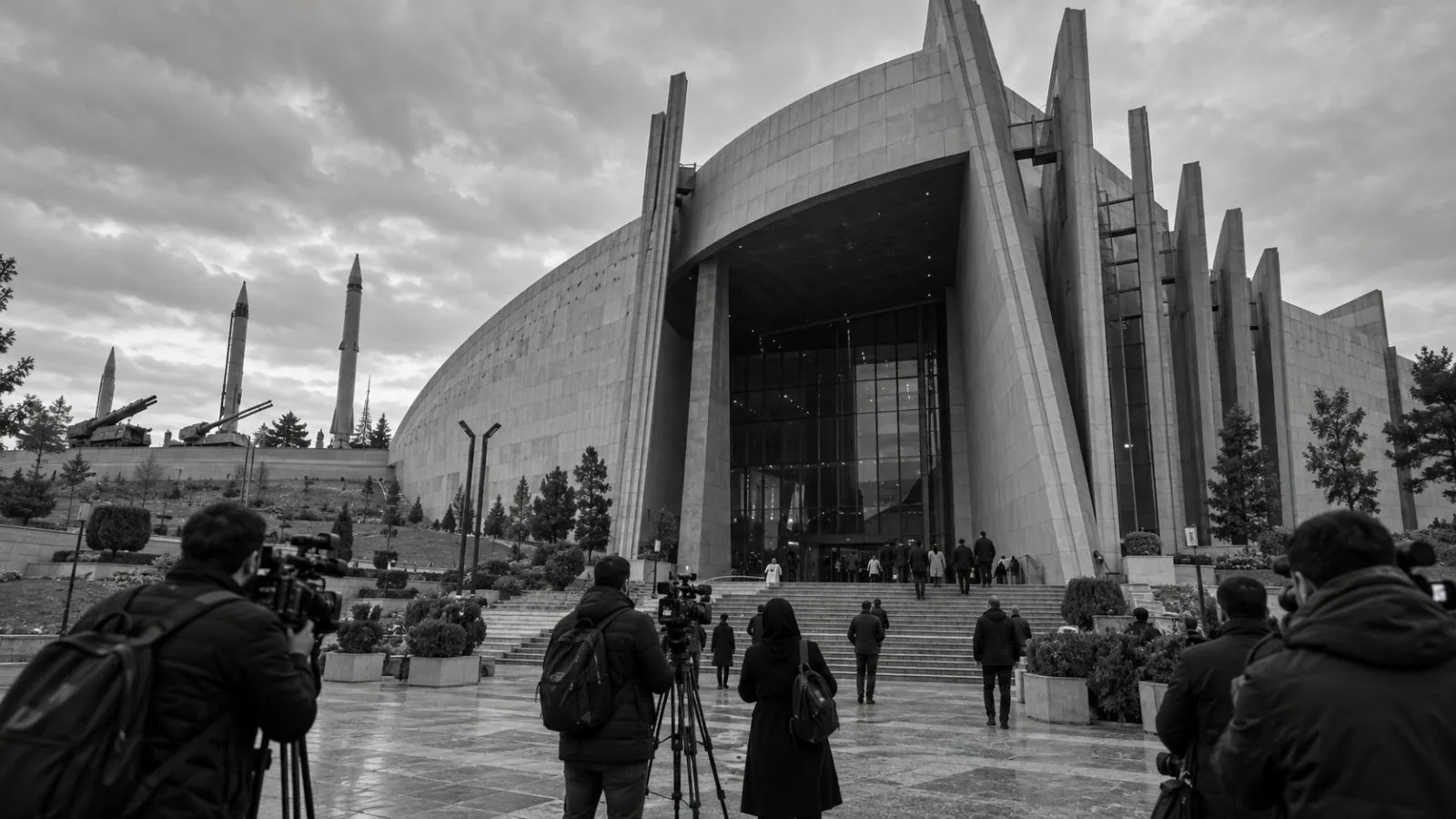Journalists gather outside Tehran’s Sacred Defense Museum after an IRGC briefing. (AI-generated image / EconoTimes)