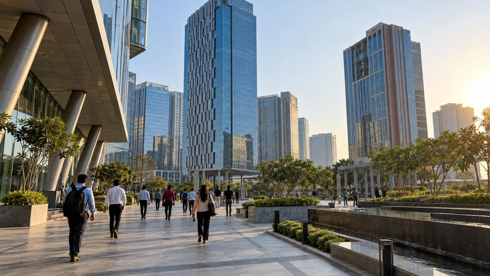 Office workers walk past commercial towers in GIFT City, Gandhinagar, India. (AI-generated image / EconoTimes)