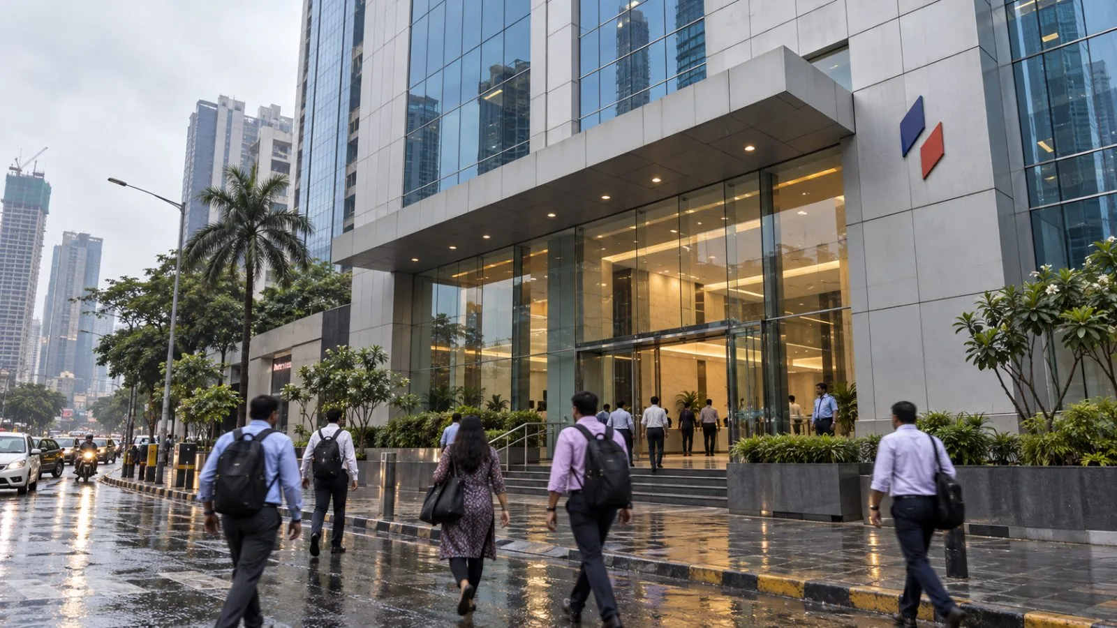 Office workers cross the pavement outside a commercial tower in Mumbai’s Lower Parel district. / EconoTimes.ai