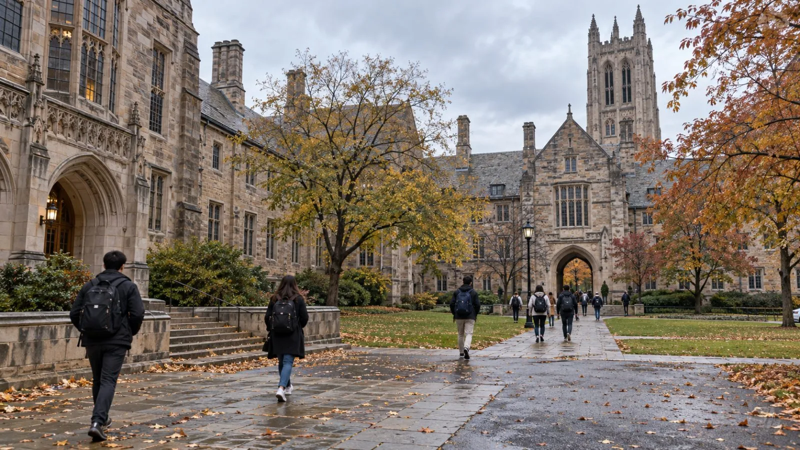 Students cross a Yale courtyard beneath autumn trees in New Haven, Connecticut. (AI-generated image / EconoTimes)