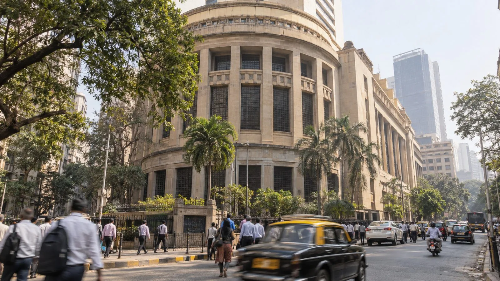 Commuters pass the Bombay Stock Exchange building on Dalal Street in Mumbai (AI-generated image / EconoTimes)