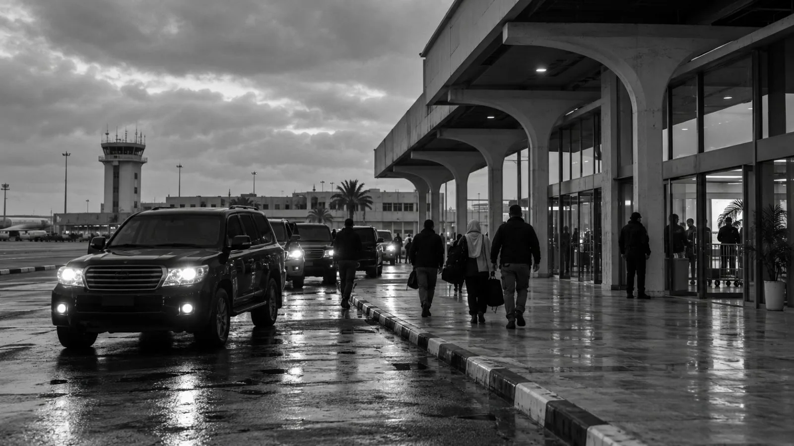 Vehicles wait outside the arrivals terminal at Benghazi airport in eastern Libya. (AI-generated image / EconoTimes)