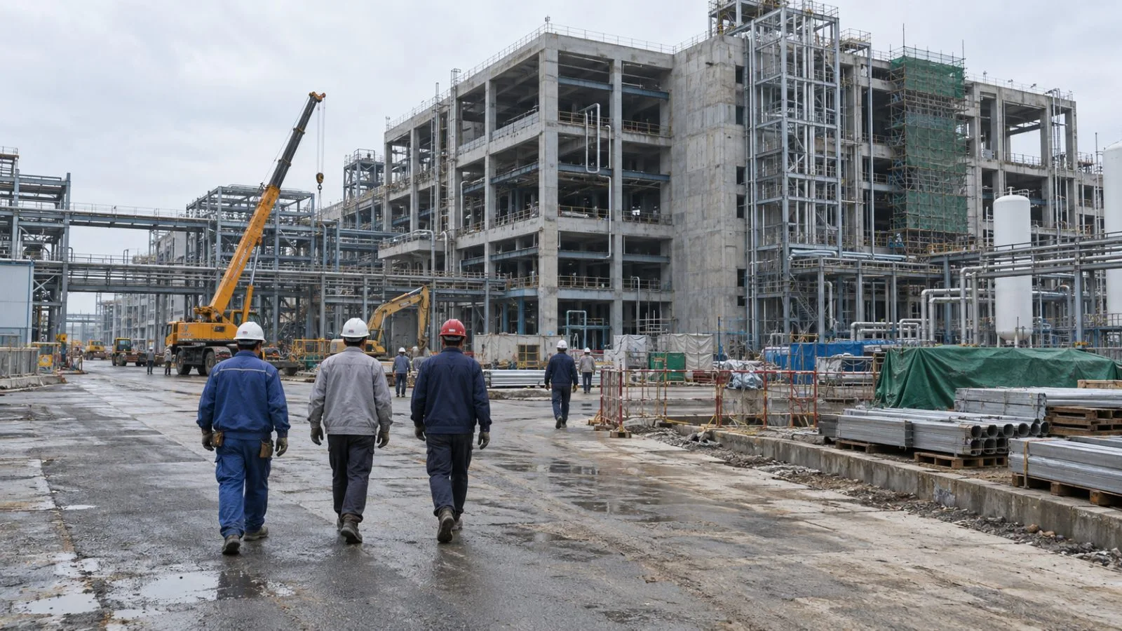 Workers pass an unfinished industrial building at a construction site in Changzhou, China. (AI-generated image / EconoTimes)