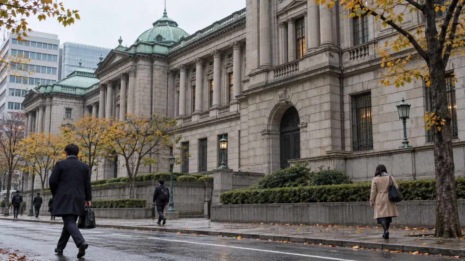 Pedestrians pass the Bank of Japan headquarters in Tokyo on an overcast autumn morning (AI-generated image / EconoTimes)