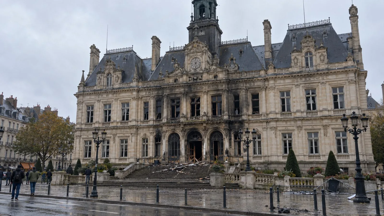 Fire damage marks the entrance to city hall in Limoges, France. (AI-generated image / EconoTimes)