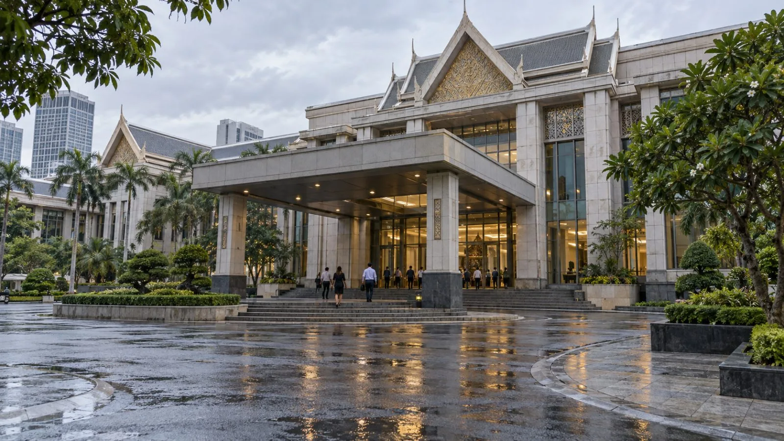 Thailand’s Ministry of Foreign Affairs stands beside a tree-lined street in Bangkok. (AI-generated image / EconoTimes)