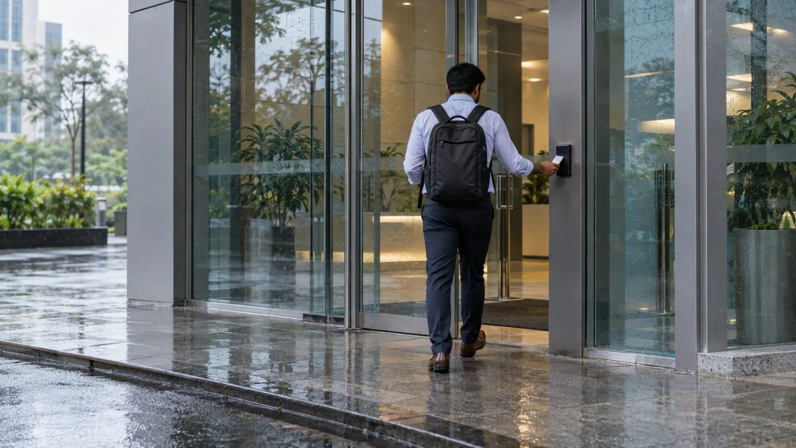 An employee badges into an office building in Bengaluru, India, on an overcast morning. (AI-generated image / EconoTimes)