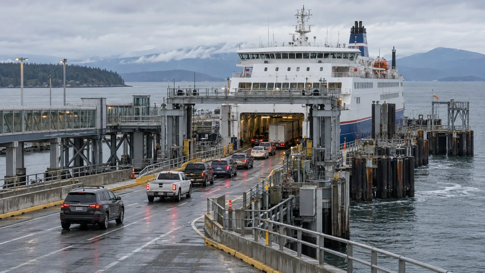 A BC Ferries vessel waits at the Tsawwassen terminal near Vancouver, British Columbia. (AI-generated image / EconoTimes)