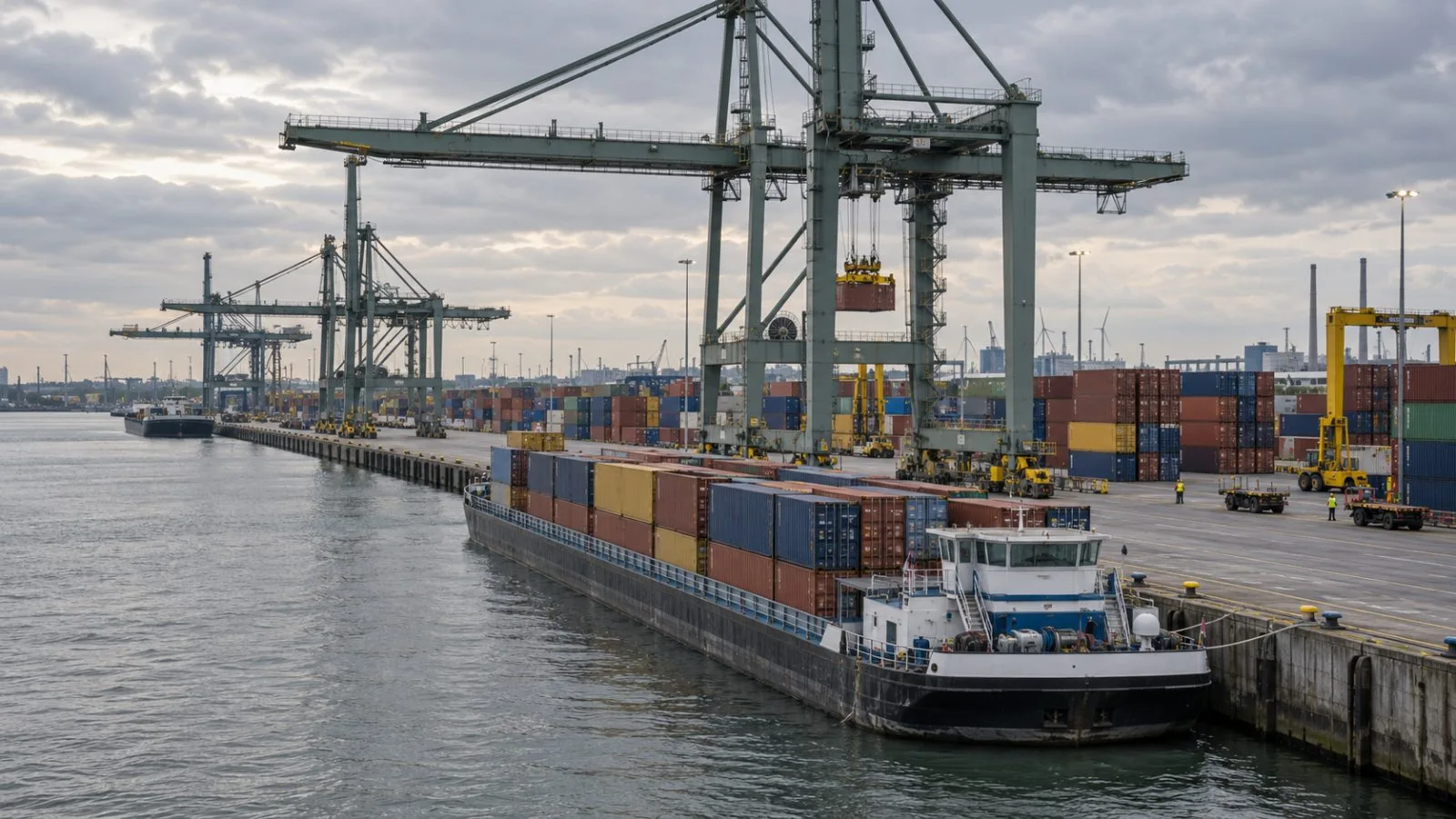 A container barge sits beside dockside cranes at the Port of Antwerp in Zwijndrecht, Belgium. (AI-generated image / EconoTimes)