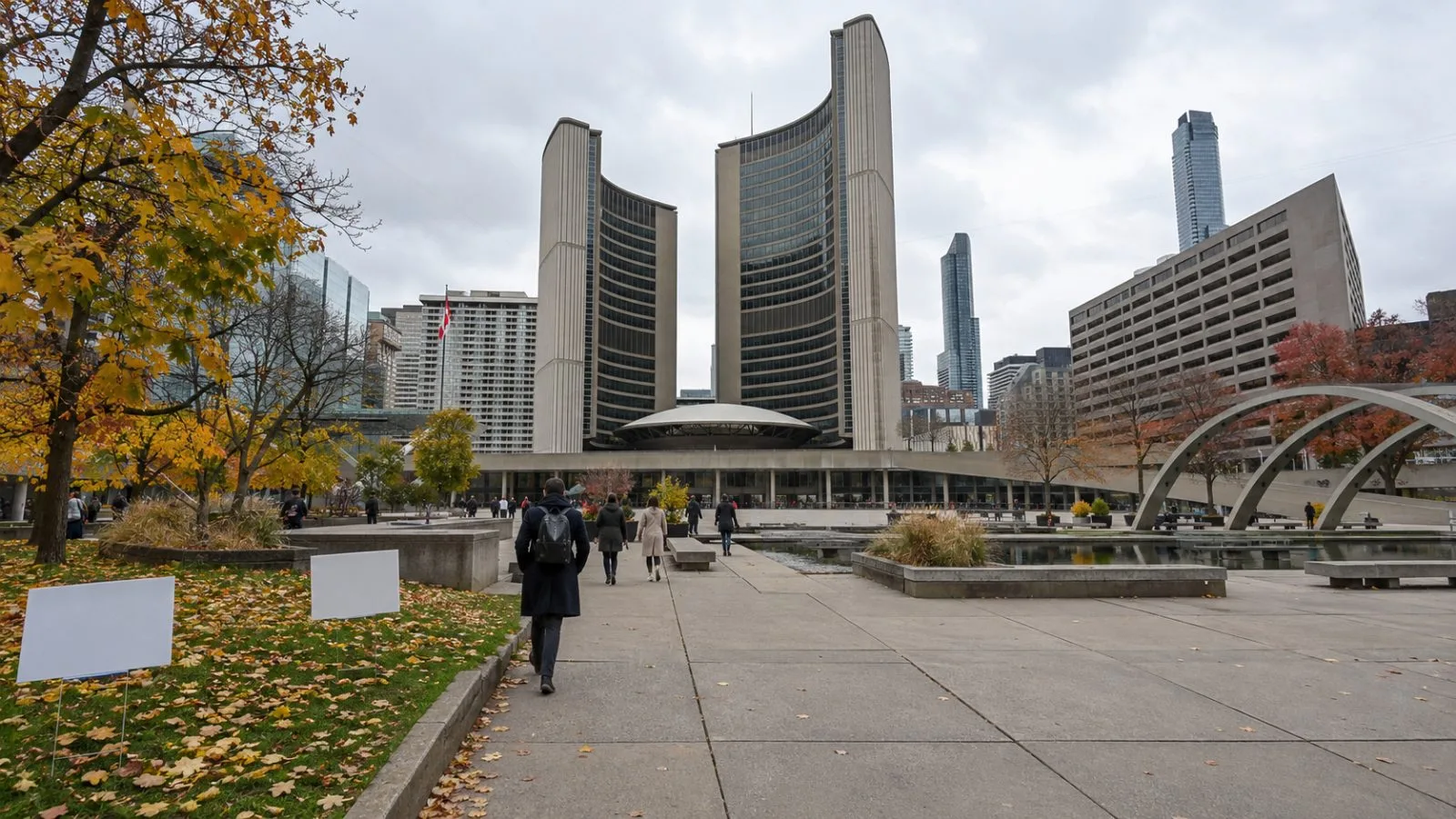 Unmarked campaign signs stand beside the sidewalk outside Toronto City Hall in Toronto, Canada. (AI-generated image / EconoTimes)