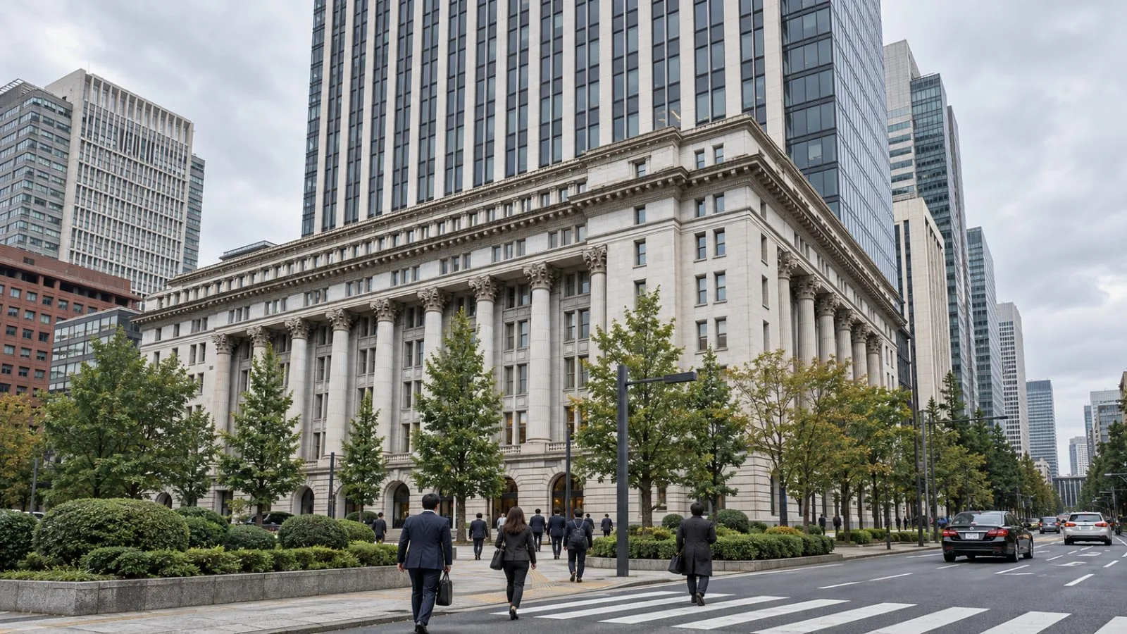 Office workers pass the Meiji Yasuda headquarters in Tokyo’s Marunouchi district on an overcast morning. / EconoTimes.ai