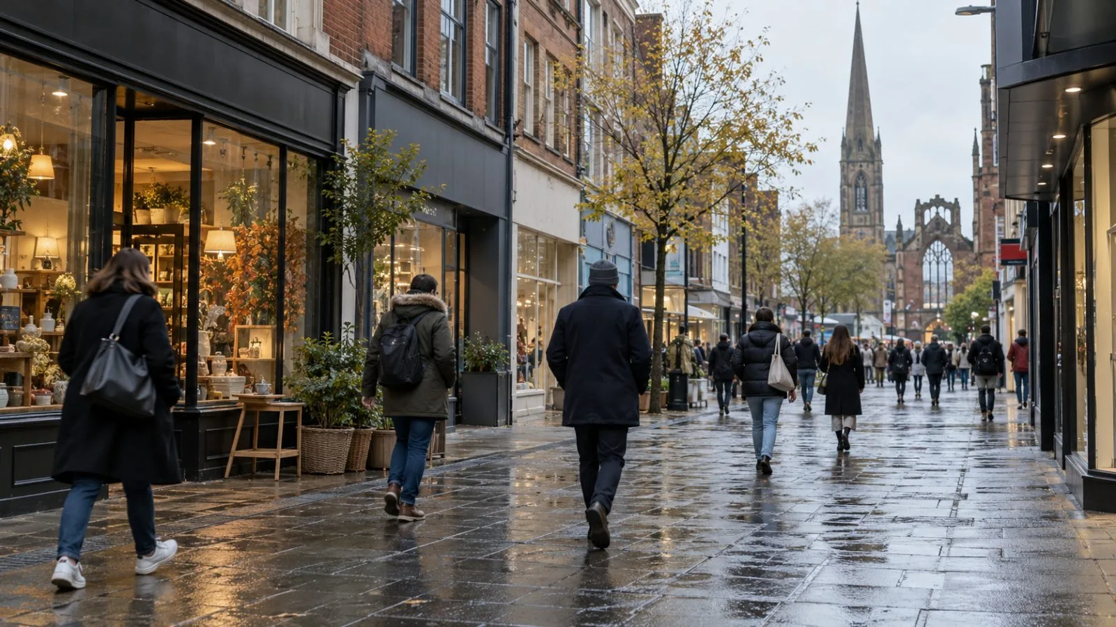 Pedestrians pass independent shopfronts along a Coventry city-centre shopping street beneath an overcast sky. (AI-generated image / EconoTimes)