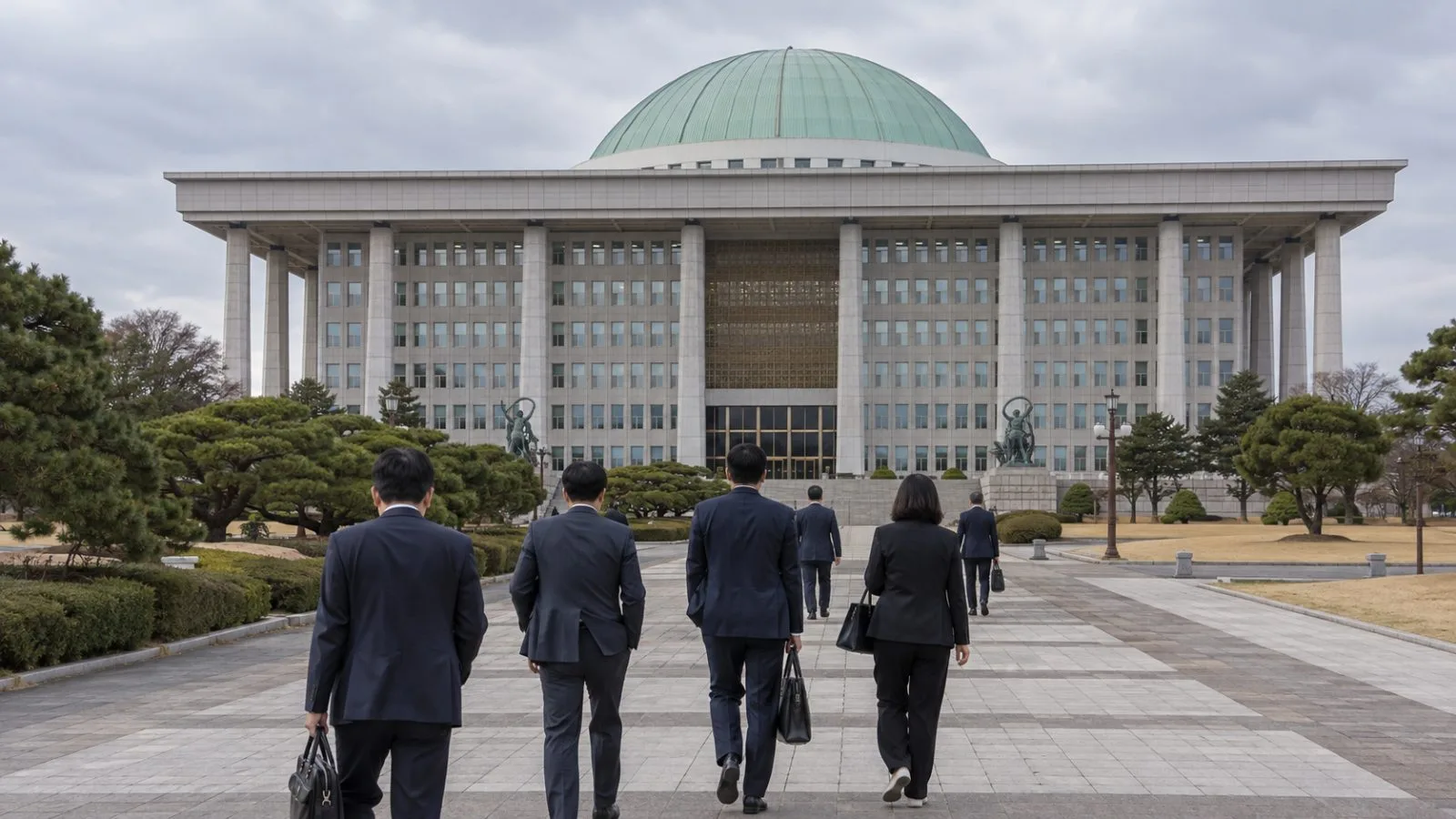 Lawmakers walk toward South Korea’s National Assembly in Yeouido, Seoul, beneath an overcast sky. (AI-generated image / EconoTimes)