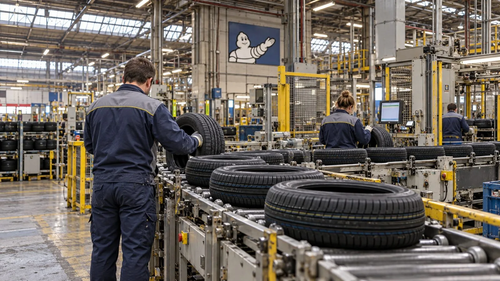 Finished passenger tires move along a production line in Clermont-Ferrand, France. / EconoTimes.ai