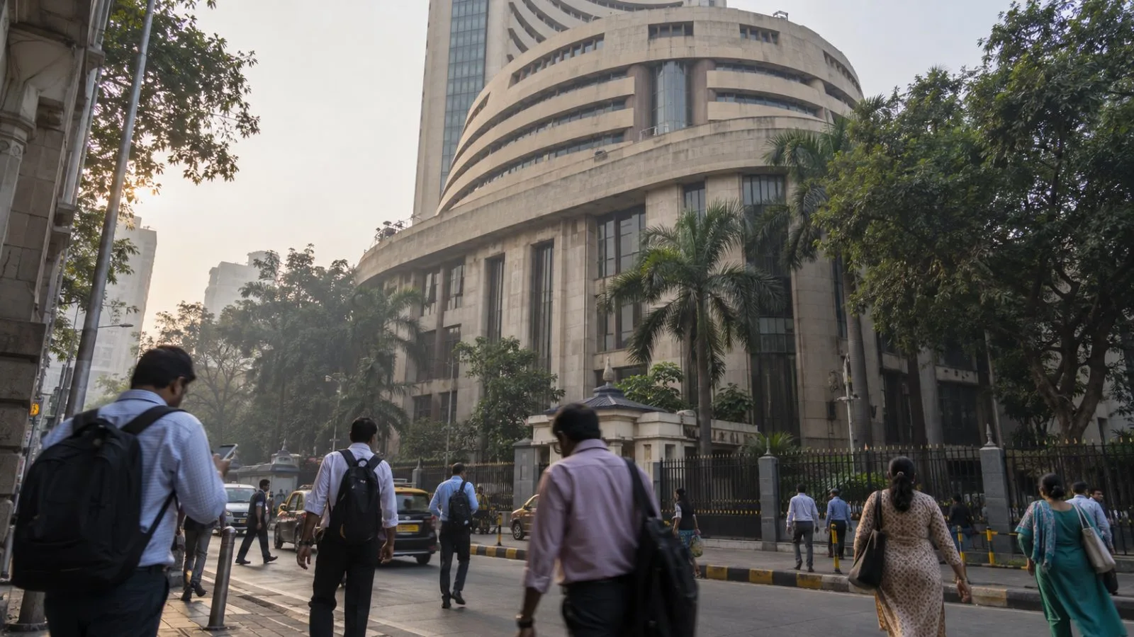 Commuters pass the Bombay Stock Exchange on Dalal Street in Mumbai during the morning session (AI-generated image / EconoTimes)