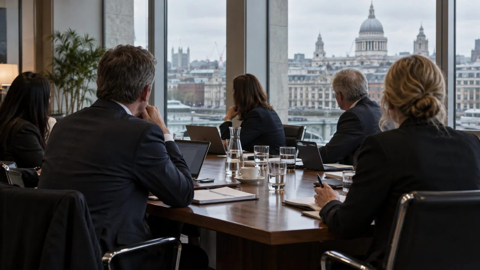 Participants sit around a conference table at a credit ratings roundtable in London. (AI-generated image / EconoTimes)