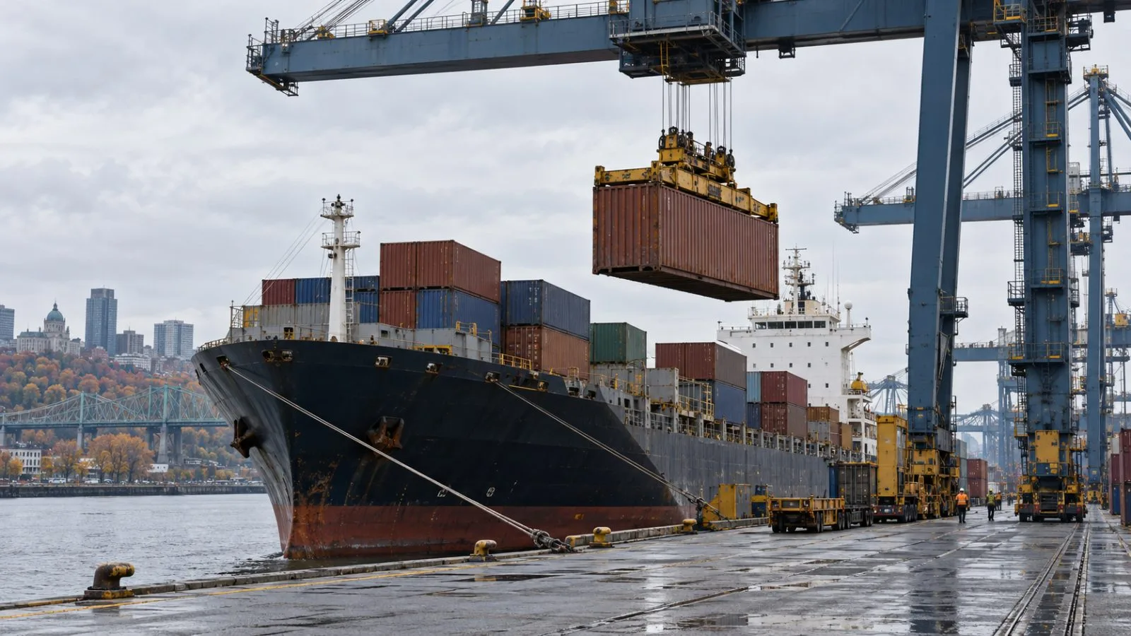 A container crane moves cargo beside a vessel at the Port of Montréal, Quebec. (AI-generated image / EconoTimes)