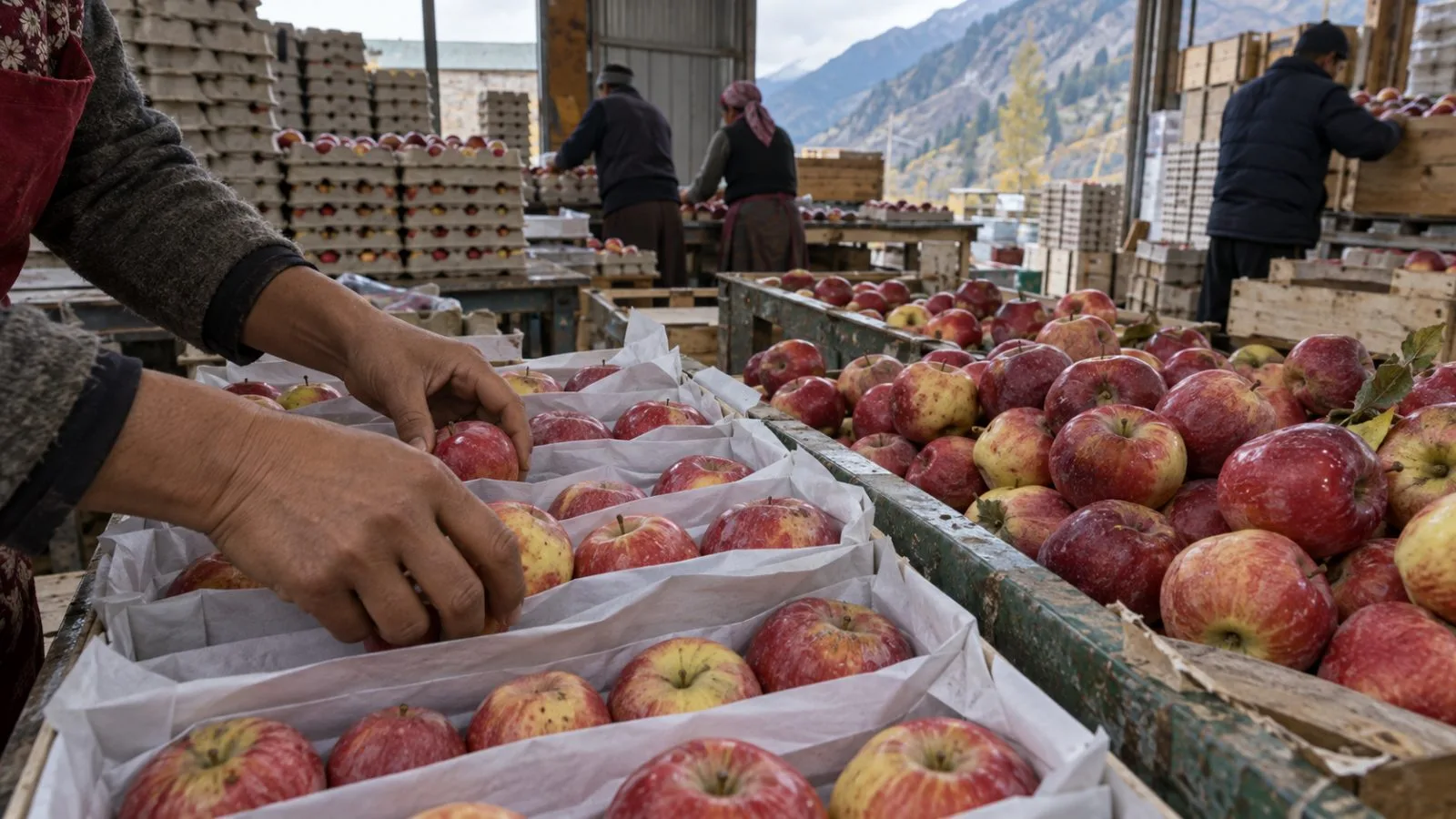 Apples rest in paper-lined trays at a packing shed in Kinnaur, India. (AI-generated image / EconoTimes)