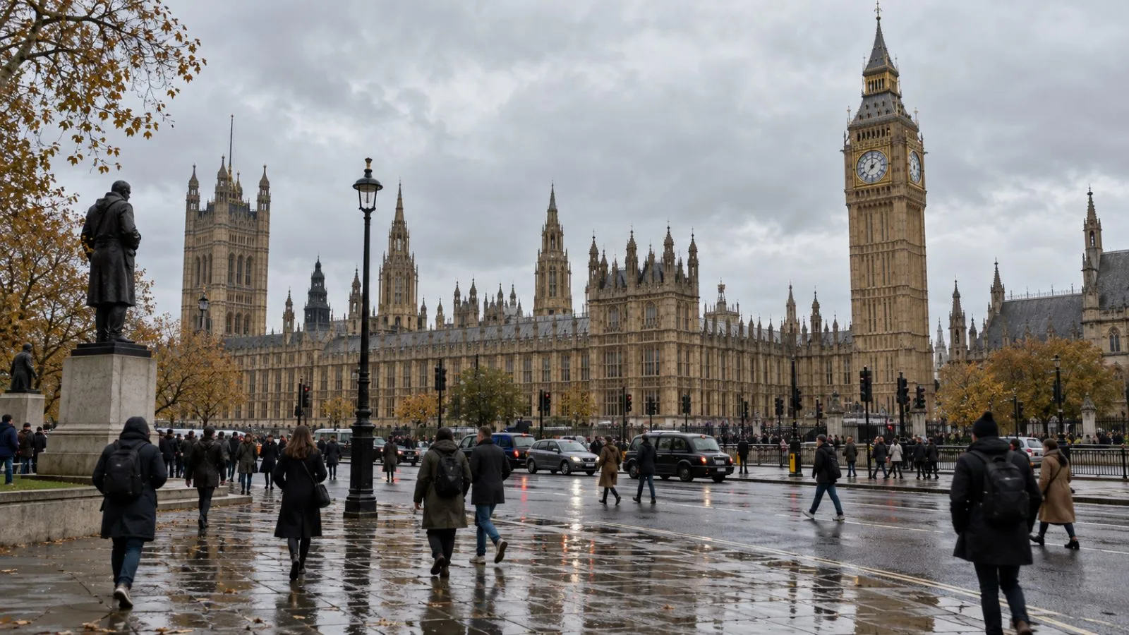 Pedestrians cross Parliament Square before the Palace of Westminster in London on a grey autumn afternoon. (AI-generated image / EconoTimes)