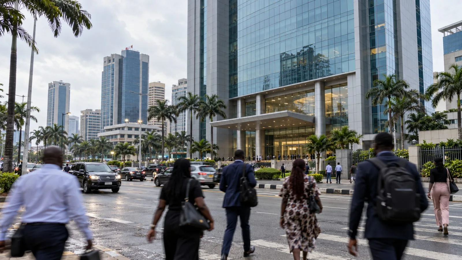 Commuters pass a glass-fronted bank tower on Victoria Island in Lagos, Nigeria. (AI-generated image / EconoTimes)
