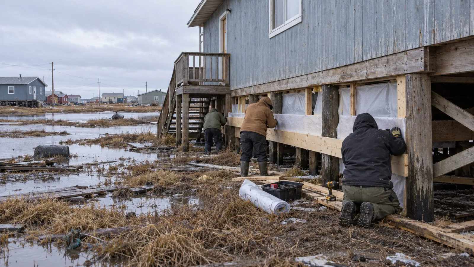 Workers winterize a raised home in Kipnuk, Alaska, as repairs continue after severe flooding. (AI-generated image / EconoTimes)