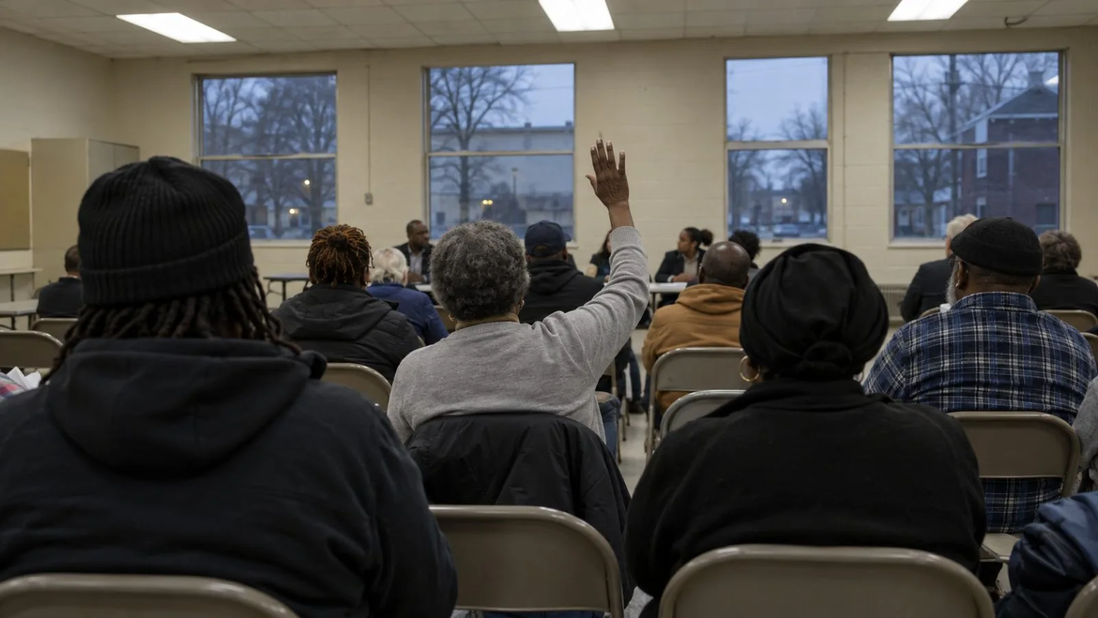 An attendee raises a hand during a political event in Detroit, Michigan. (AI-generated image / EconoTimes)