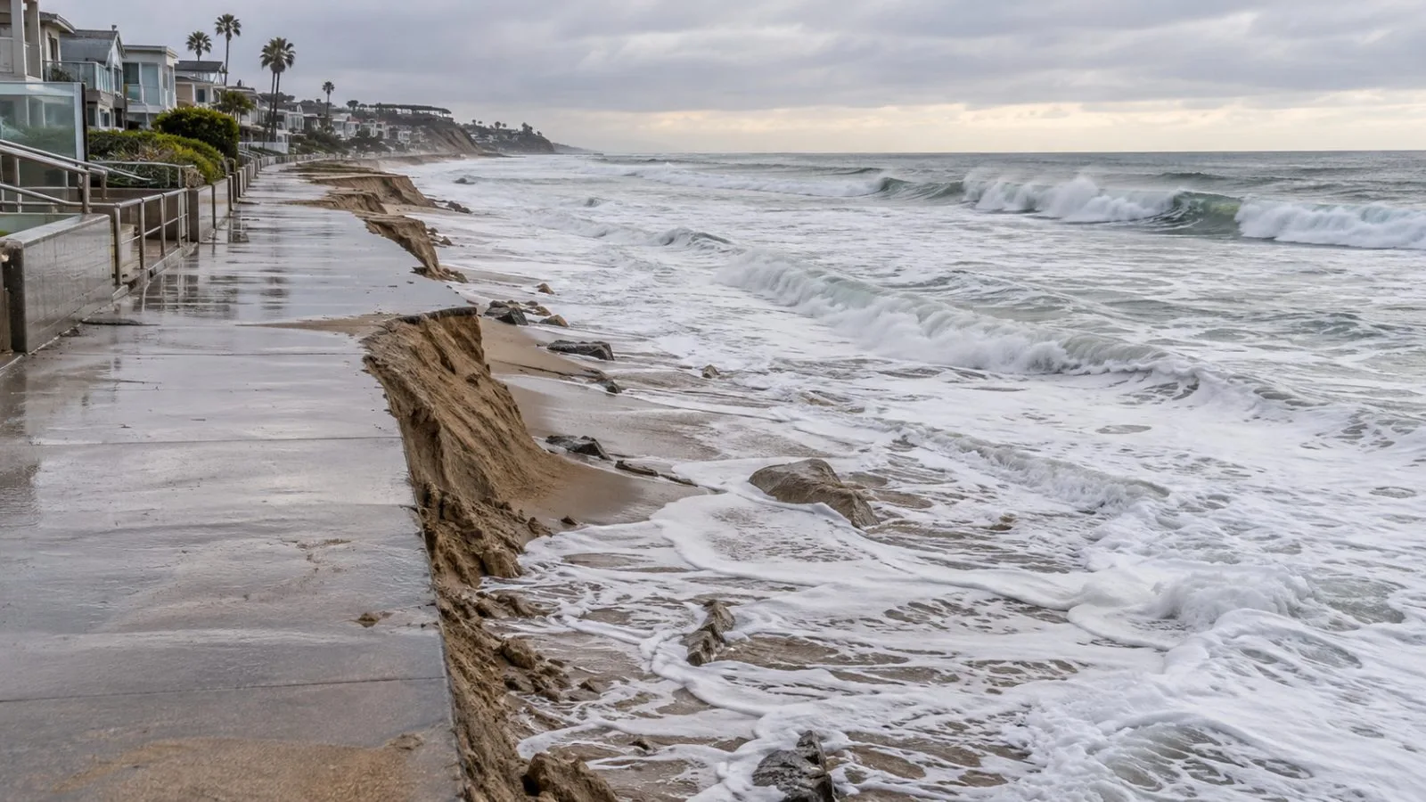High tide reaches an eroded shoreline beside a coastal walkway in Newport Beach, California. (AI-generated image / EconoTimes)