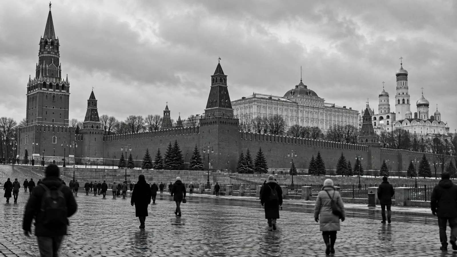Pedestrians walk past the Kremlin walls in Moscow on an overcast morning. (AI-generated image / EconoTimes)
