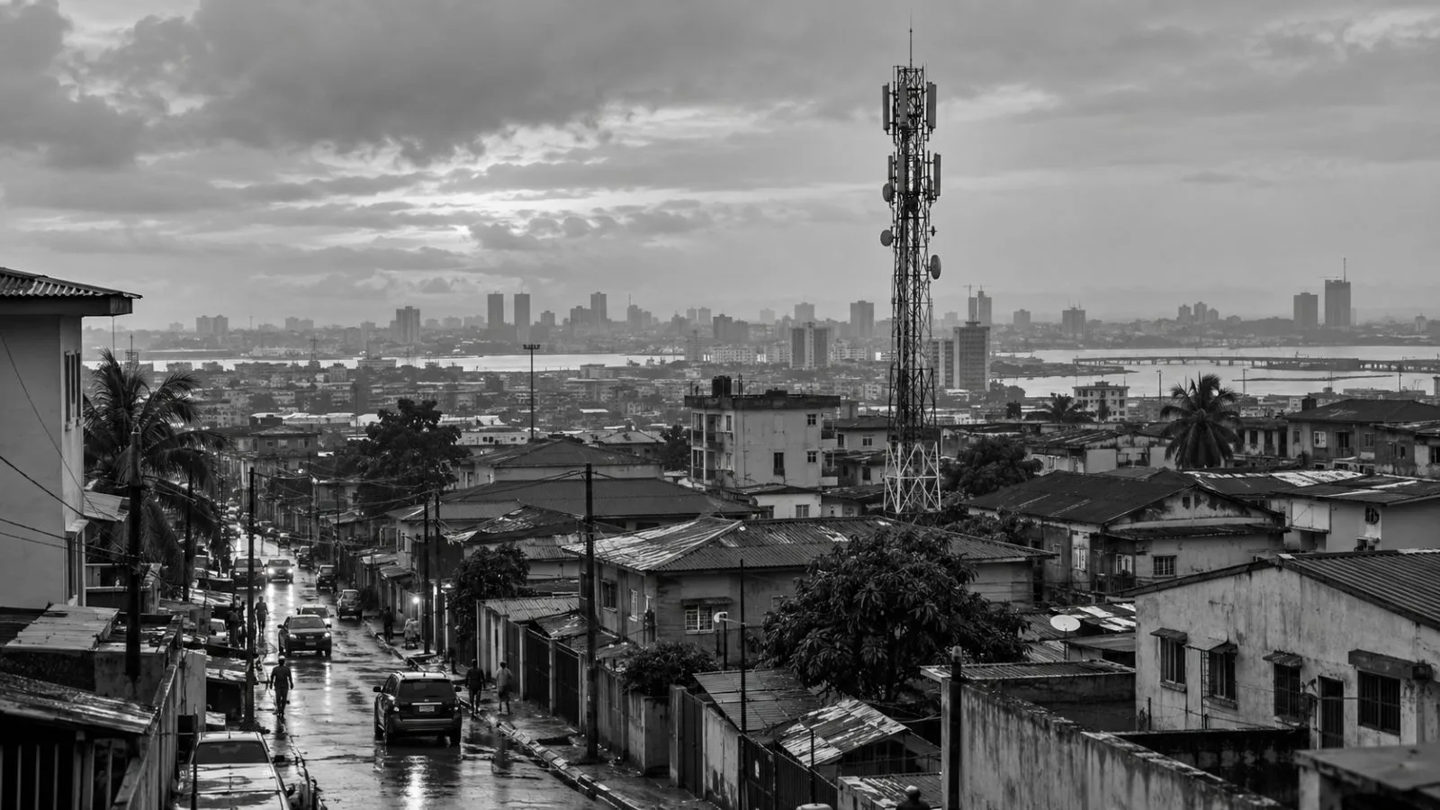 A mobile network mast rises above dense rooftops in Lagos, Nigeria. (AI-generated image / EconoTimes)