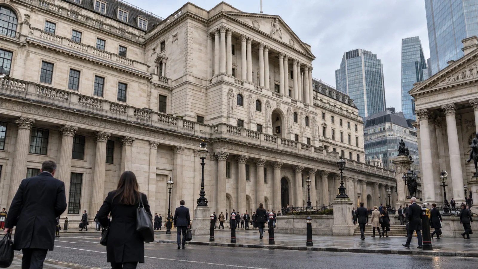 Pedestrians pass the Bank of England on Threadneedle Street in London beneath overcast skies. (AI-generated image / EconoTimes)
