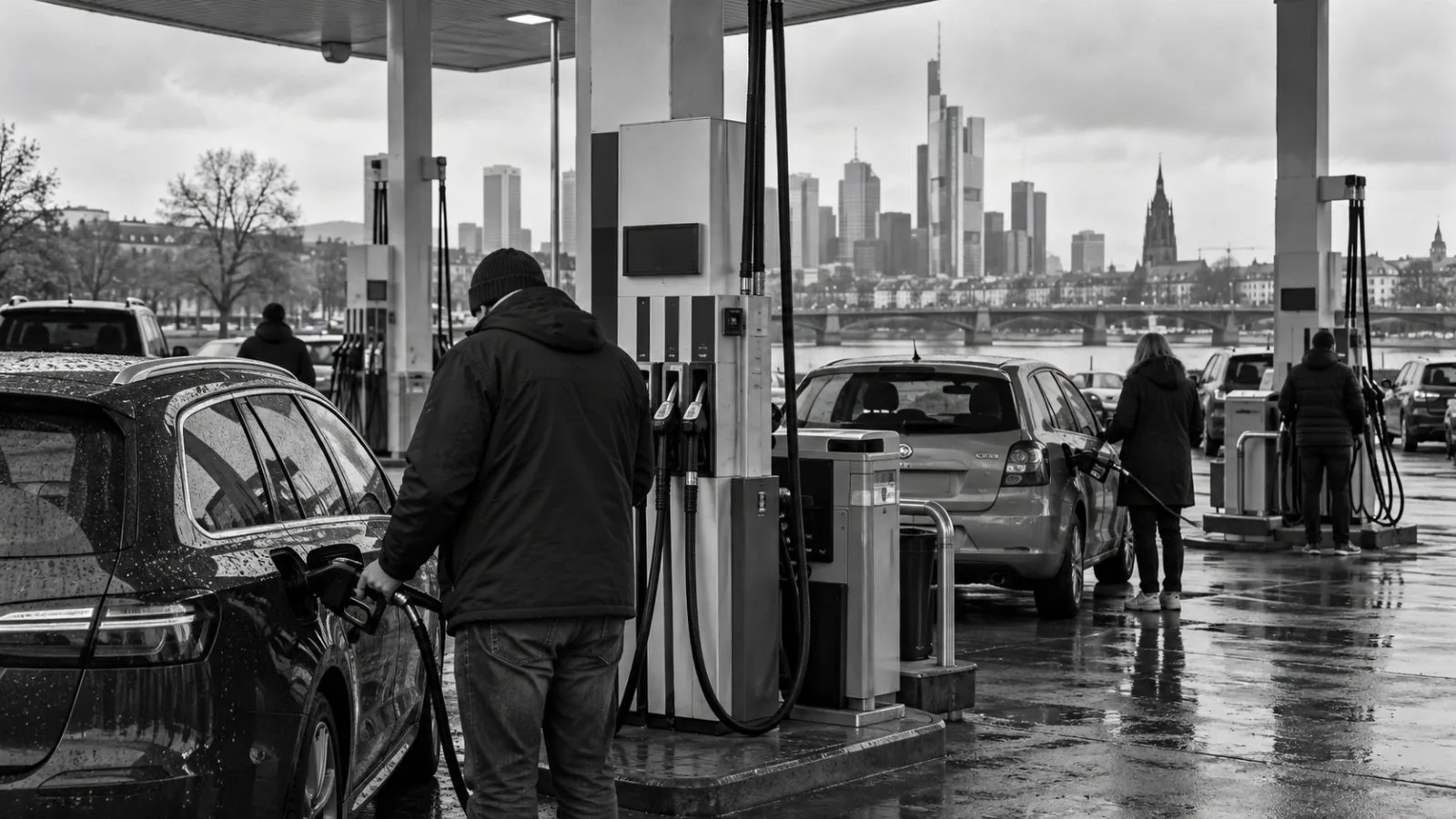 Drivers refuel cars at a petrol station in Frankfurt, Germany, under overcast skies. (AI-generated image / EconoTimes)