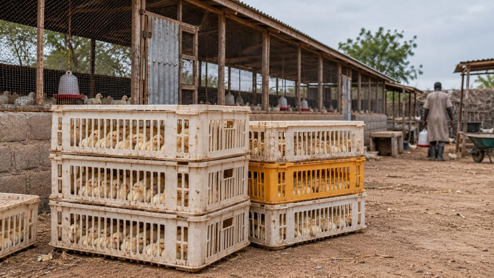 Ventilated chick crates stand beside a poultry shed in Dutse, Jigawa State, Nigeria. (AI-generated image / EconoTimes)