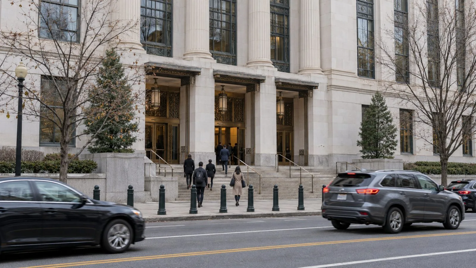 Passenger cars pass the trade representative's offices in Washington, D.C., on an overcast morning. (AI-generated image / EconoTimes)