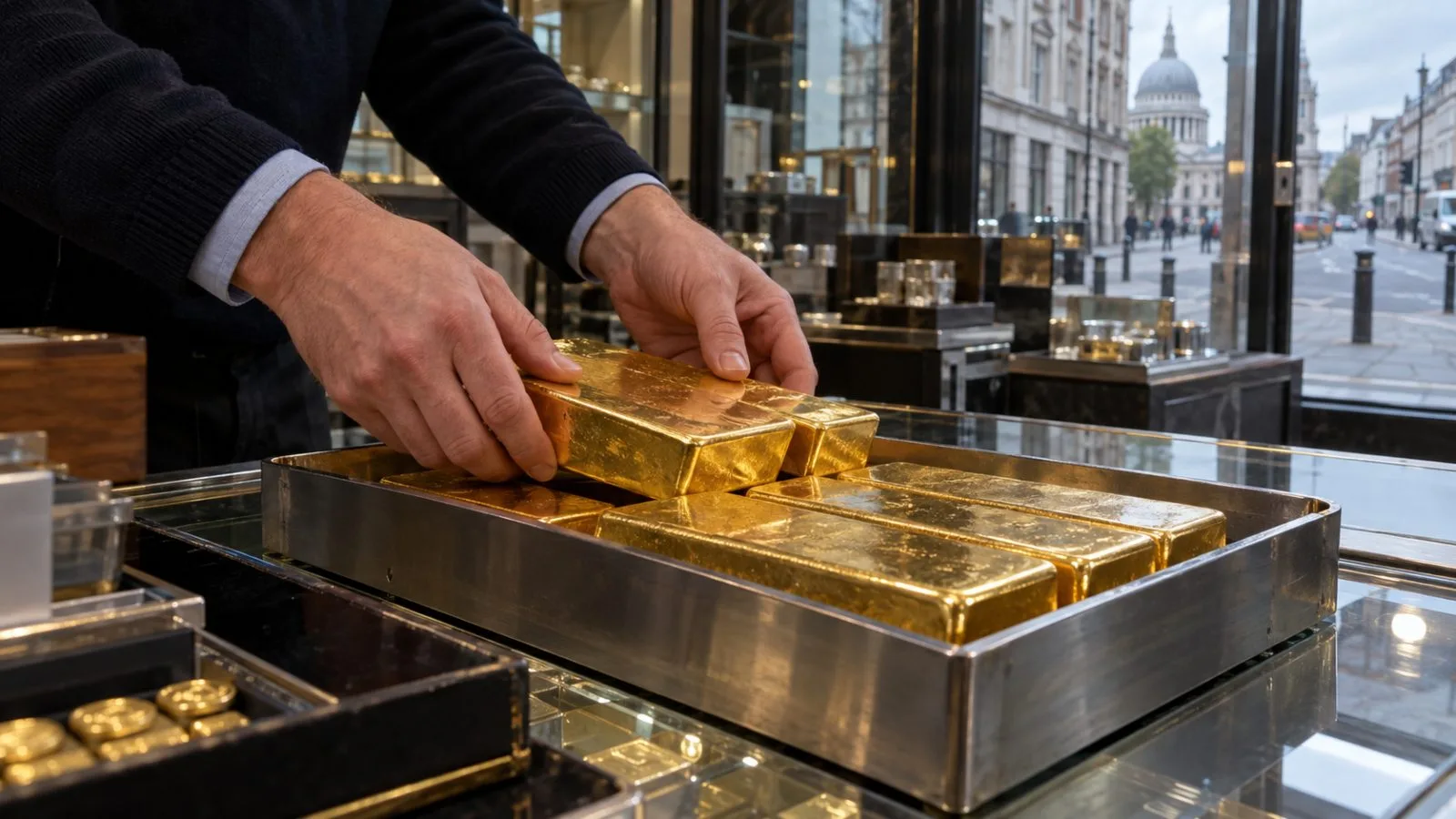 A worker arranges gold bars at a bullion counter in London's Hatton Garden. (AI-generated image / EconoTimes)