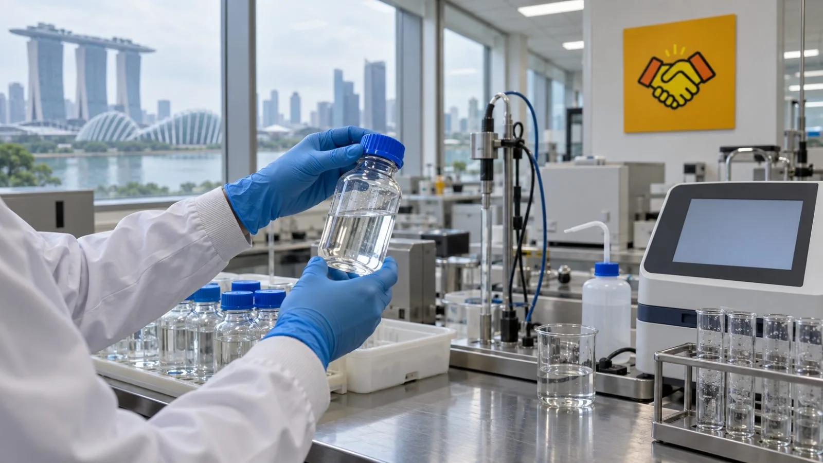 A water sample sits beside testing equipment at PUB’s Water Quality Laboratory in Singapore. / EconoTimes.ai