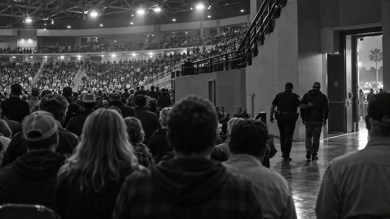 Security escorts an attendee through the Ocean Center during a rally in Daytona Beach, Florida. (AI-generated image / EconoTimes)