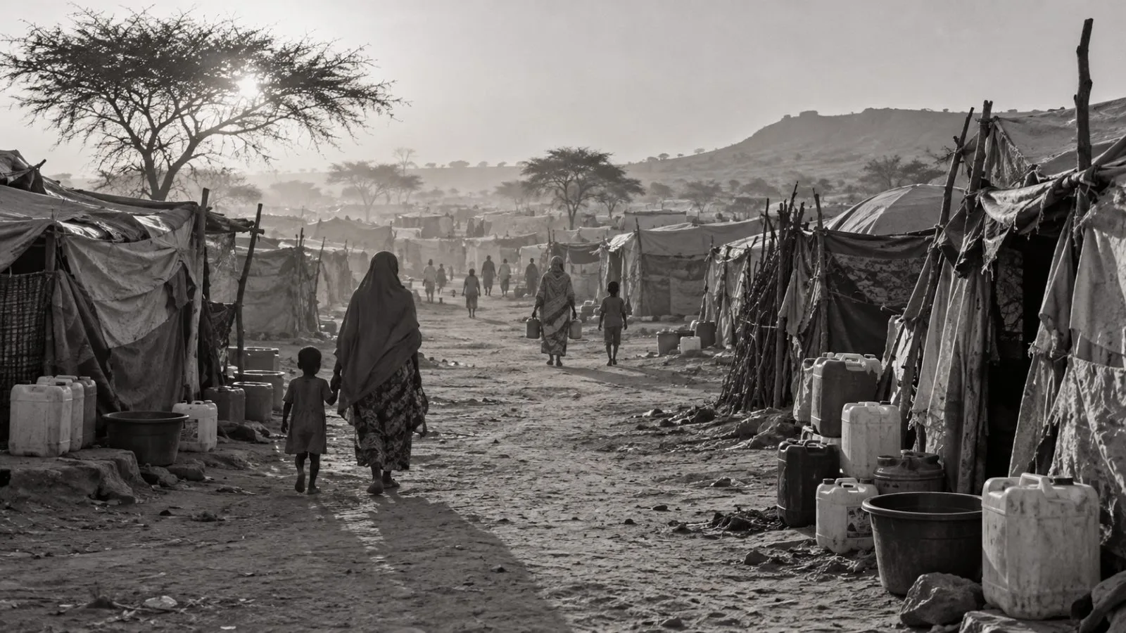 Residents walk along a dusty lane between shelters at Zamzam camp in North Darfur, Sudan. (AI-generated image / EconoTimes)