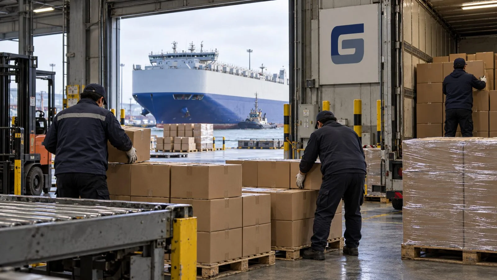 Workers move export cartons through a freight warehouse near Incheon International Airport, South Korea. / EconoTimes.ai