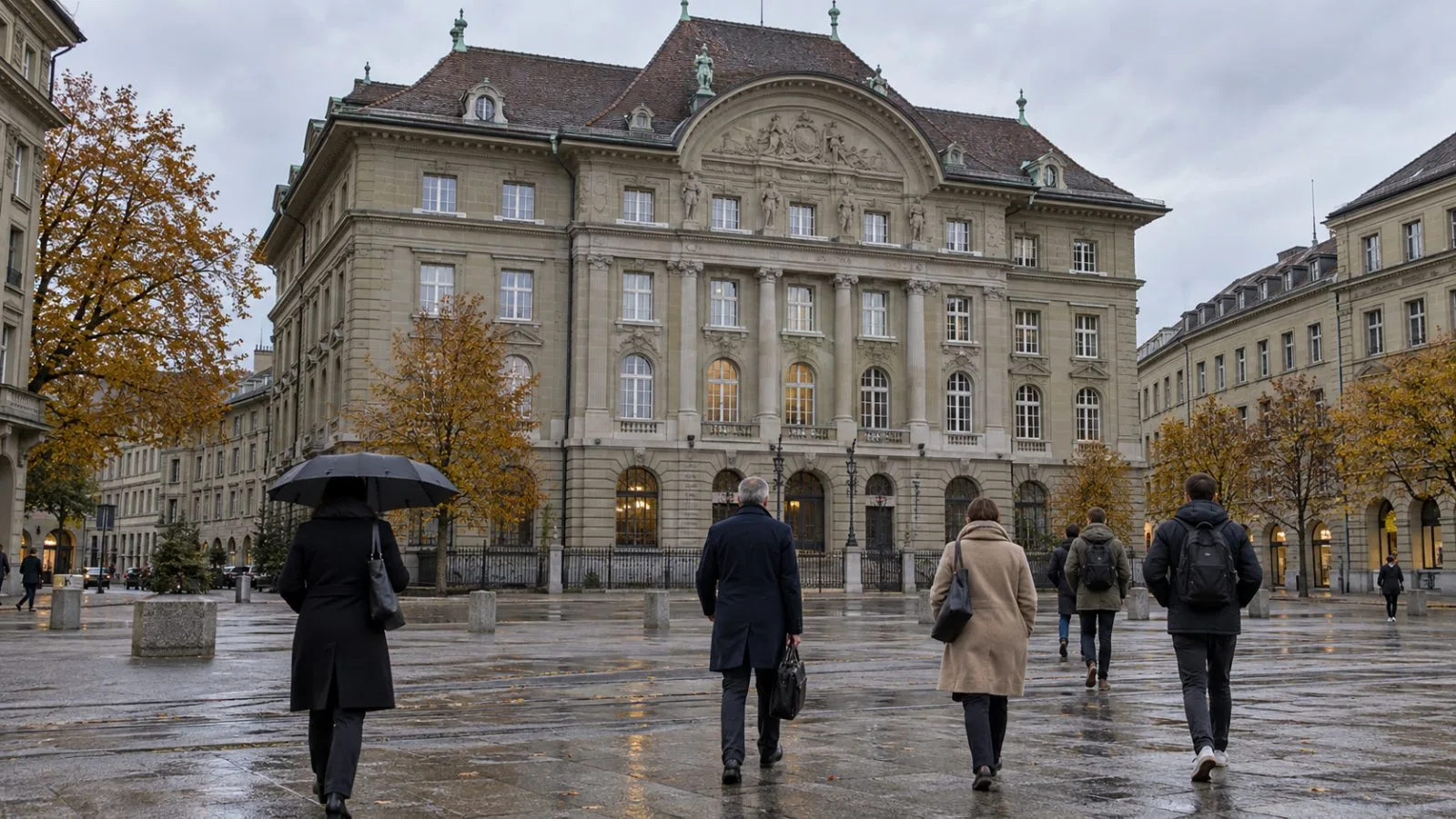 Pedestrians cross Bundesplatz outside the Swiss National Bank headquarters in Bern. (AI-generated image / EconoTimes)