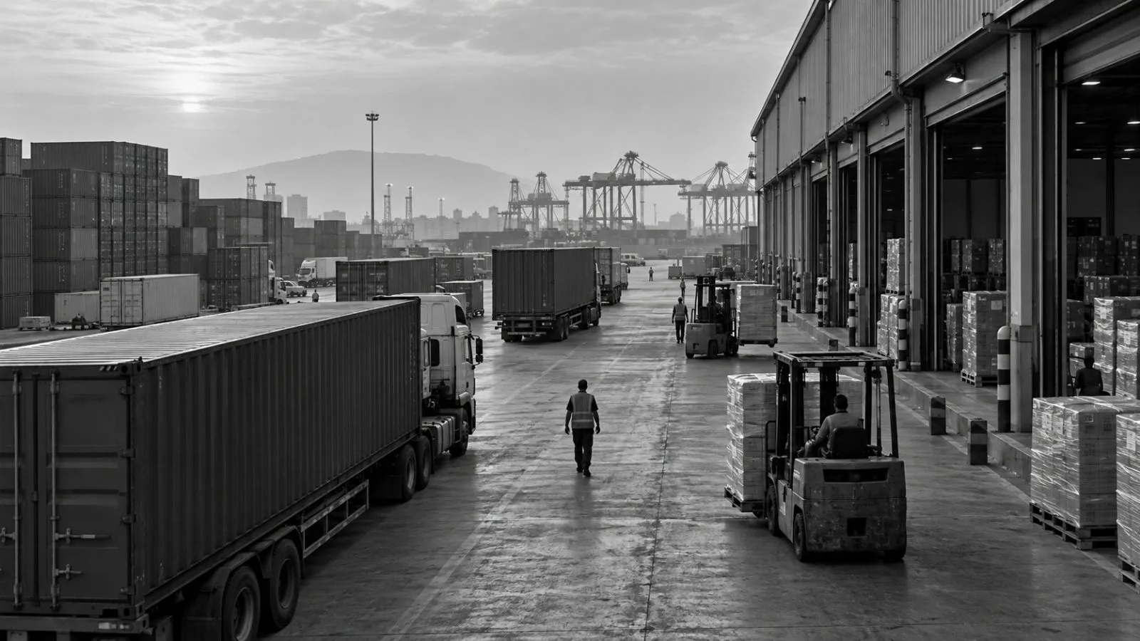 Workers pass loading bays and shipping containers at Nhava Sheva Business Park in Navi Mumbai. (AI-generated image / EconoTimes)