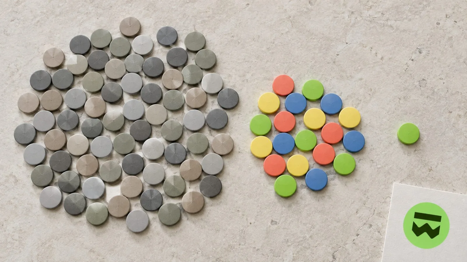 Ninety plain token discs sit in two groups on a pale surface. / EconoTimes.ai