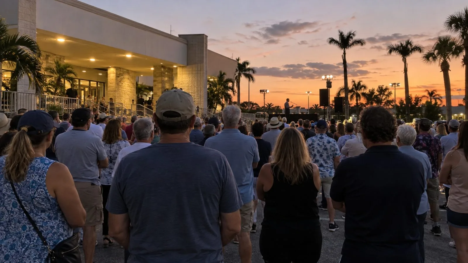 Rally attendees face a distant speaker at an event in Fort Myers, Florida. (AI-generated image / EconoTimes)