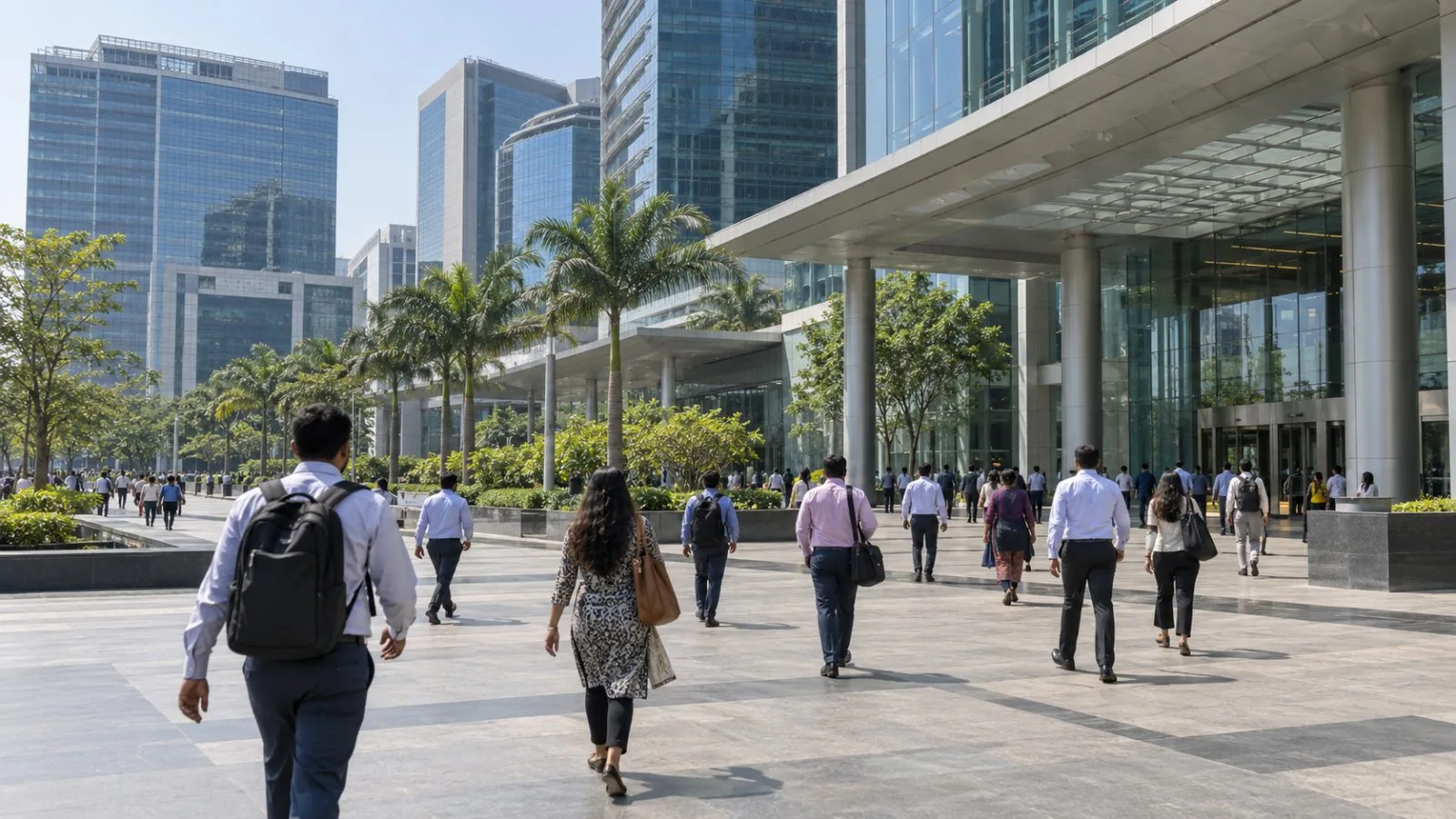 Morning commuters cross the forecourt outside Exchange Plaza in Mumbai, India. (AI-generated image / EconoTimes)