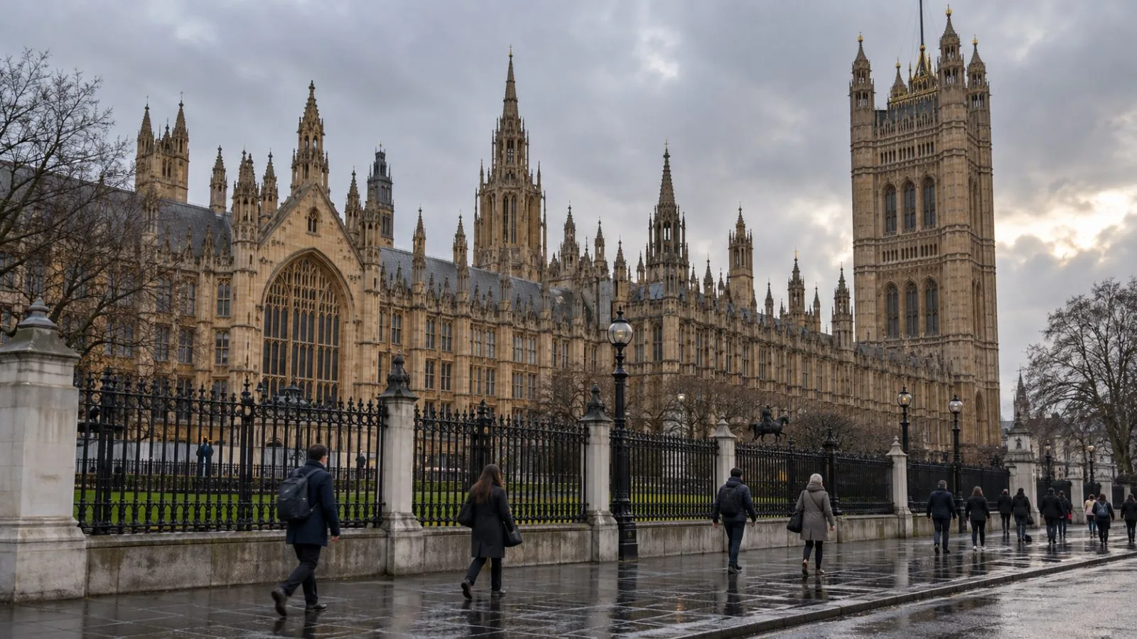 Commuters pass the Palace of Westminster in London on an overcast afternoon. (AI-generated image / EconoTimes)