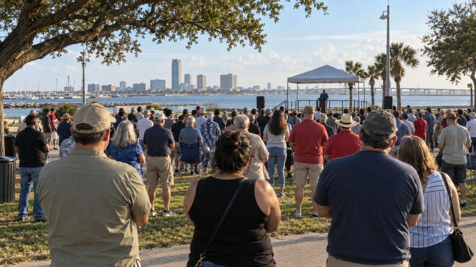 Rallygoers face a distant speaker at a campaign event in Corpus Christi, Texas (AI-generated image / EconoTimes)