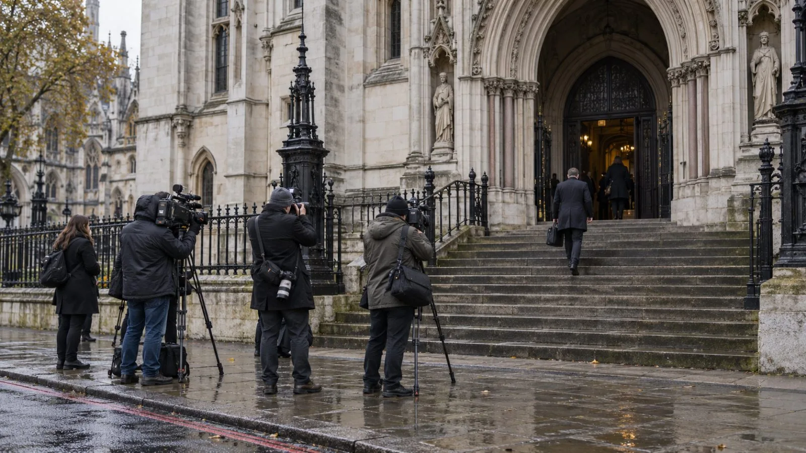 Court staff and reporters gather outside Southwark Crown Court in London (AI-generated image / EconoTimes)