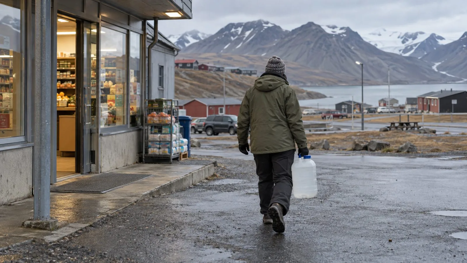 An anonymous resident carries a water container outside Svalbard Store in Longyearbyen, Svalbard. (AI-generated image / EconoTimes)