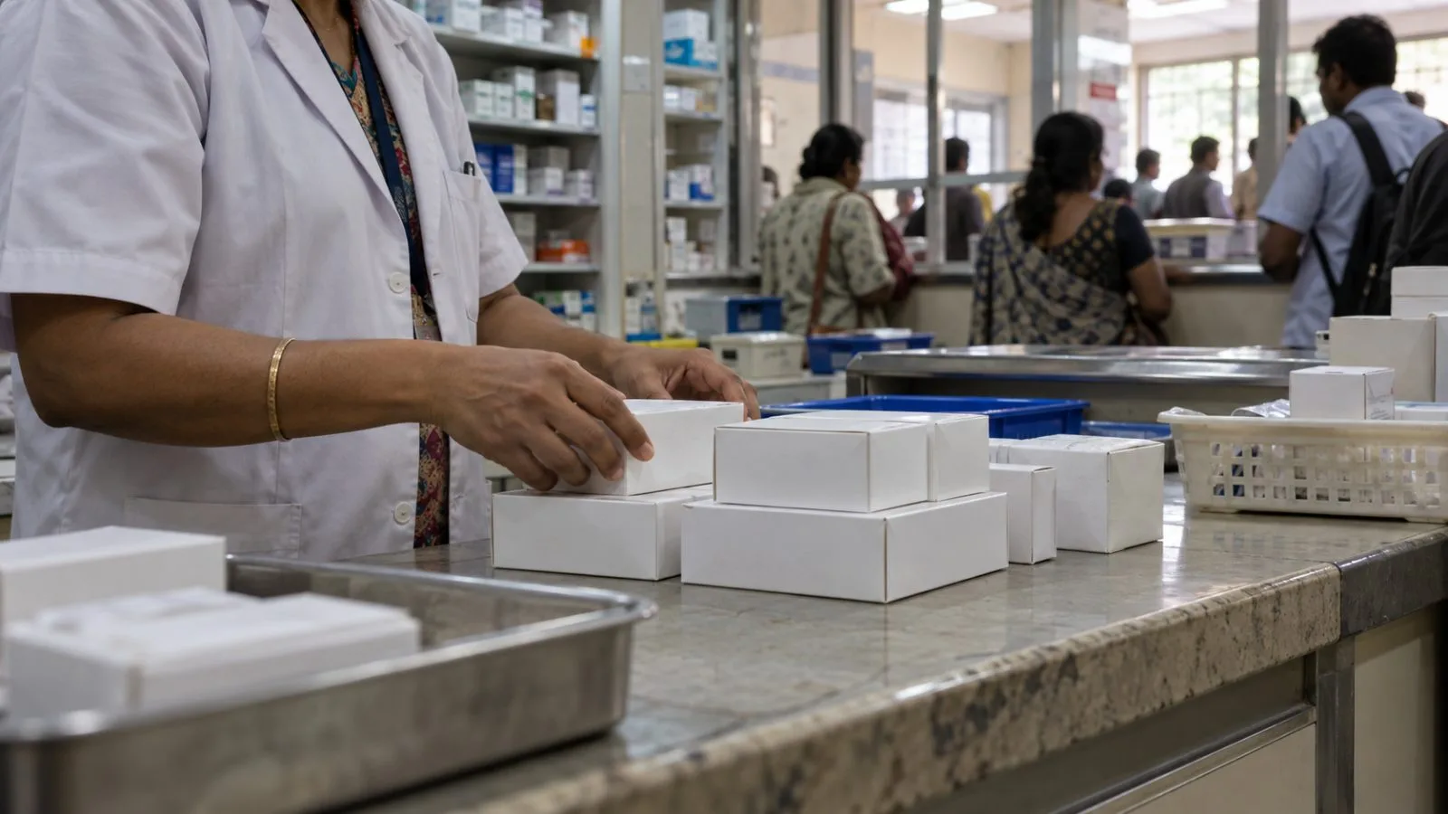 A pharmacist prepares cancer medicines at an outpatient pharmacy in New Delhi, India. (AI-generated image / EconoTimes)